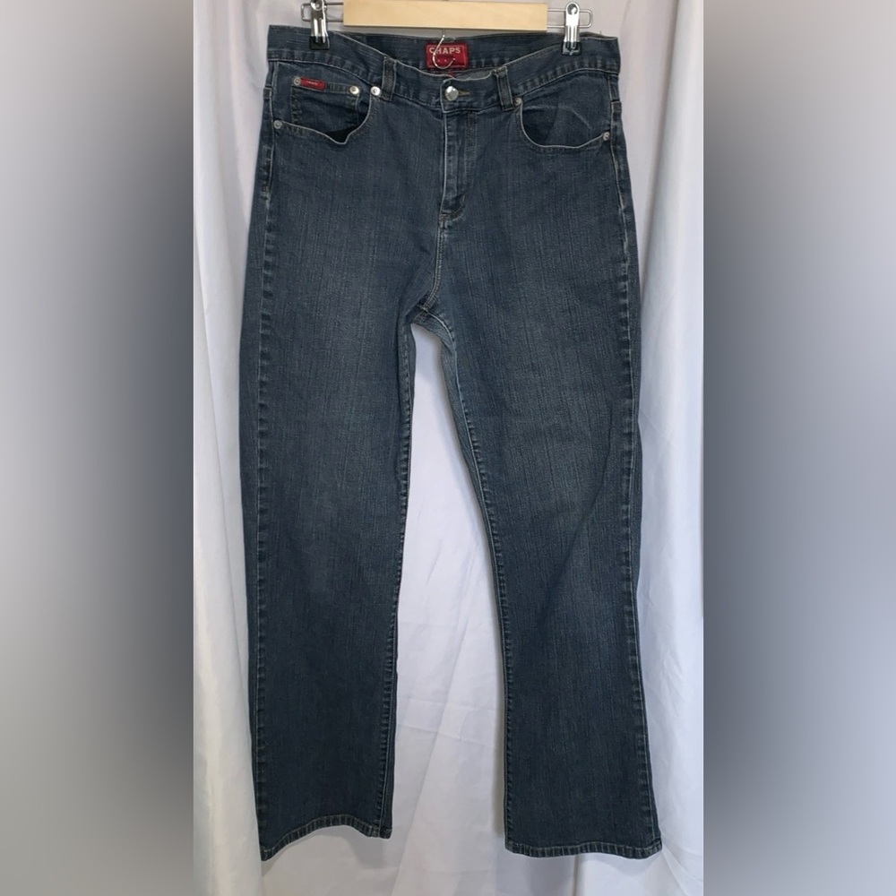 Chaps Women's Straight Leg Blue Dark Wash Denim Jeans 12 99% Cotton 1% Spandex
